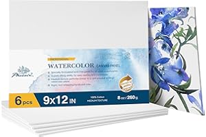 PHOENIX Watercolor Canvas Boards for Painting - 9x12 Inch/6 Pack, 100% Cotton Water Color Canvas Panels, 8 Oz. / 260g White Blank Medium Texture Flat Canvases for Water Based Paints