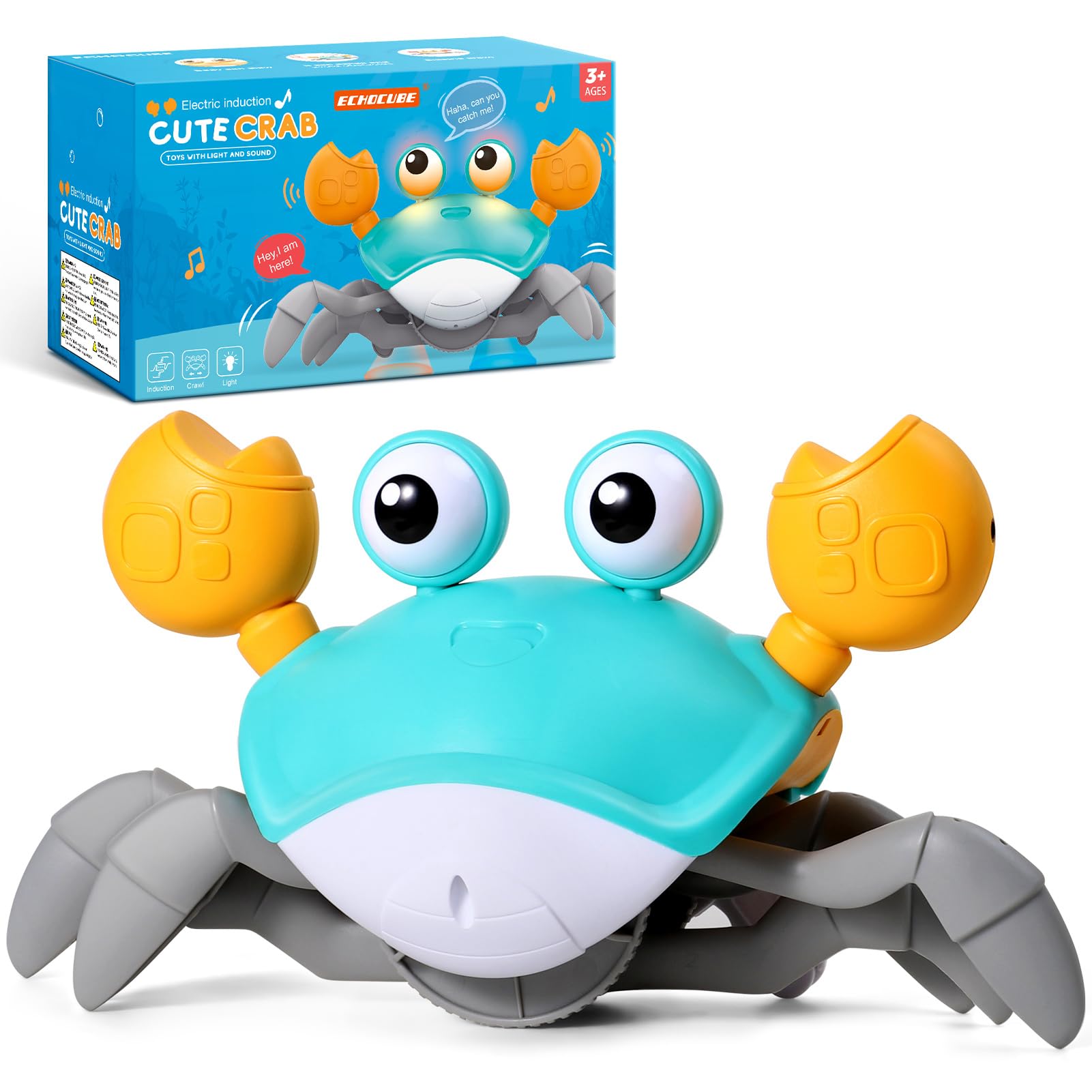ECHOCUBE Interactive Crawling Crab Toy, Automatically Avoids Obstacles, Plays Music, Ages 3+