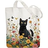 ANATTASOUL Canvas Tote Bag Black Cat In Flower Reusable Cotton Bag for Women, Durable Cloth Shoulder Bags with Zipper Pockets for Shopping, Vacation, Work, Gym