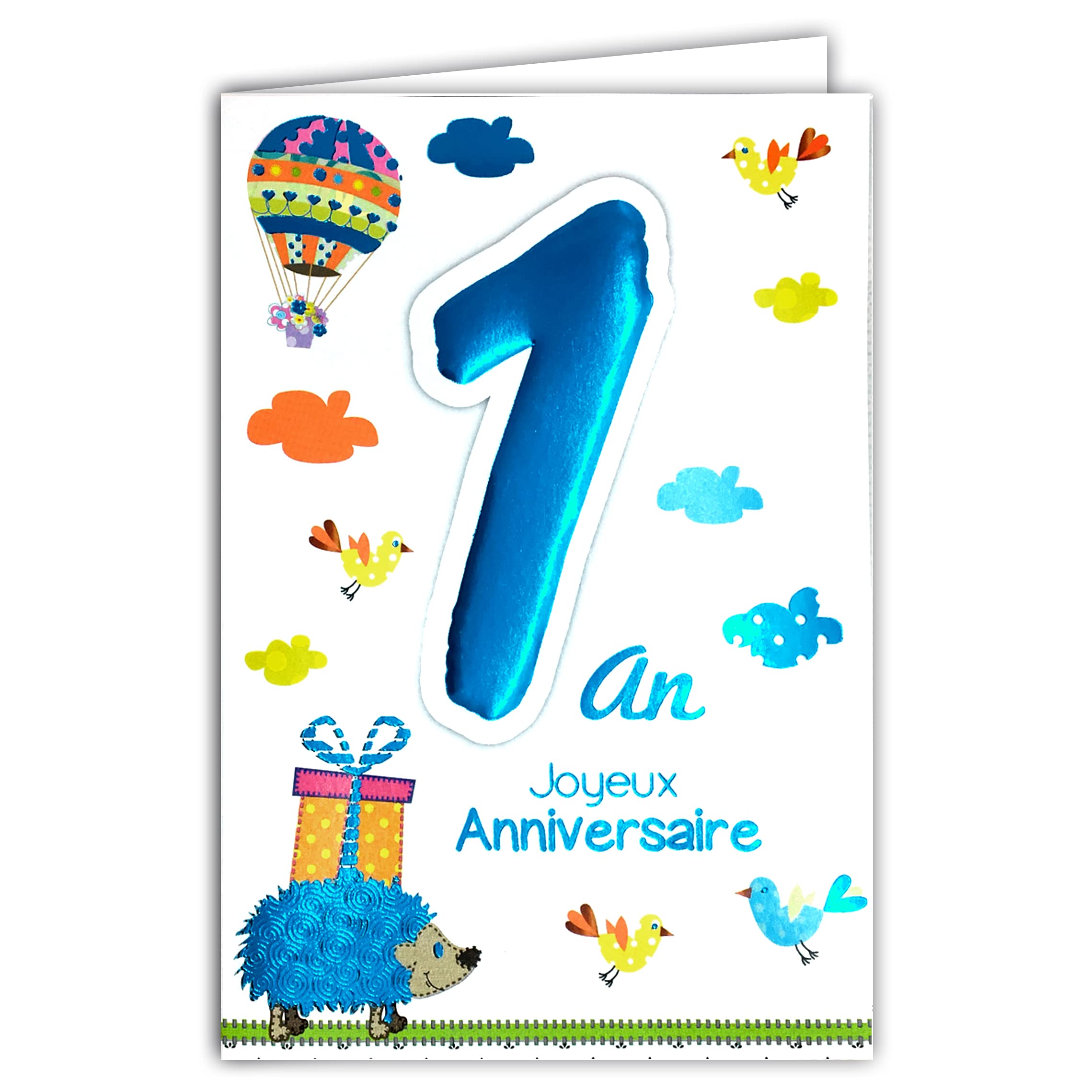 MV 69-2000 Happy Birthday Card Age 1 Year Girls Hedgehog Baby Boy Gift Balloon Balloon Bird
