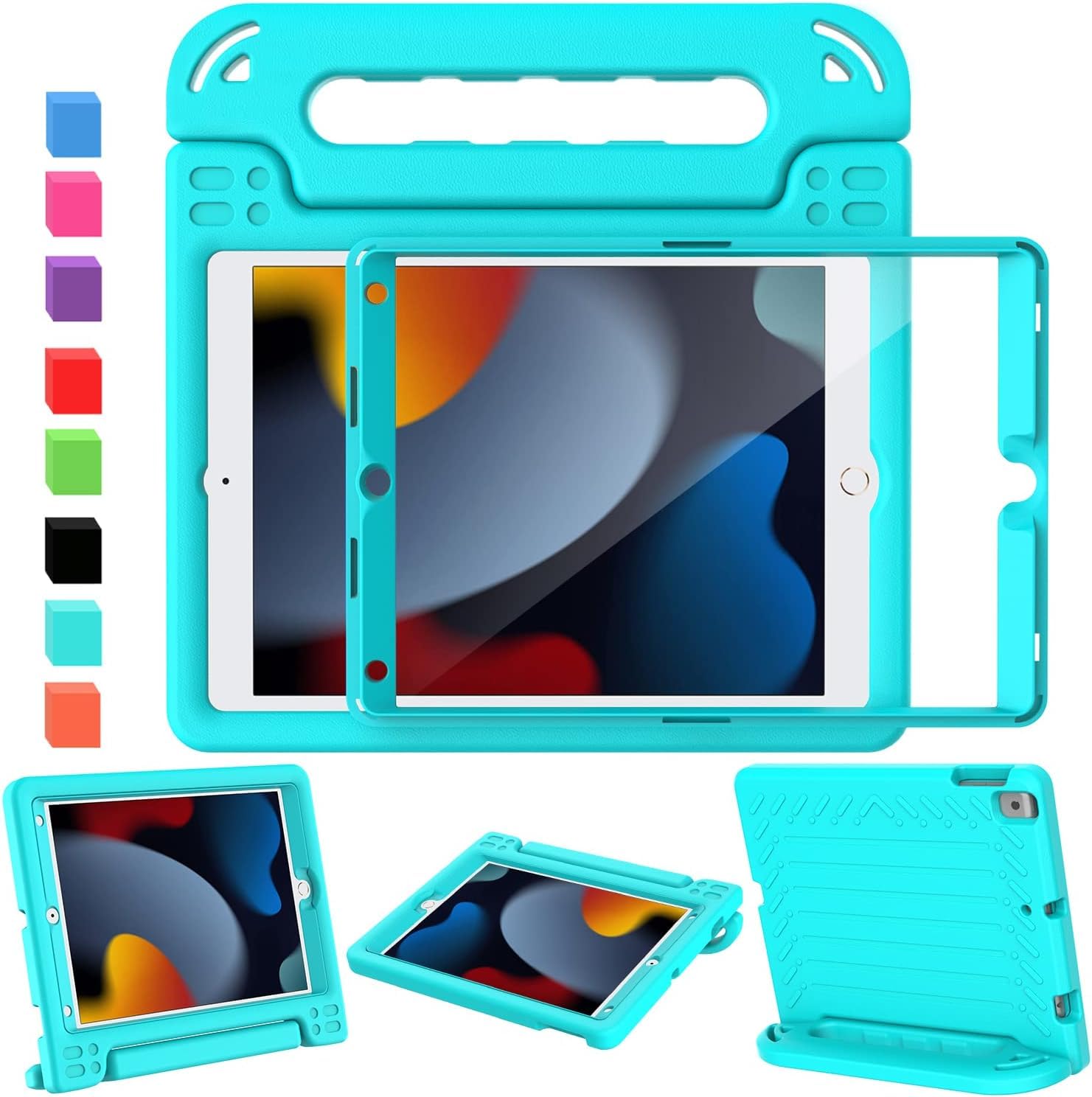 SINSO Case for iPad 9th Generation 2021/iPad 8th Generation 2020/iPad 7th Generation 2019, 10.2 Inch Kids ipad Cover Built-in Screen Protector, Shockproof Light Weight with Handle/Stand, Turquoise
