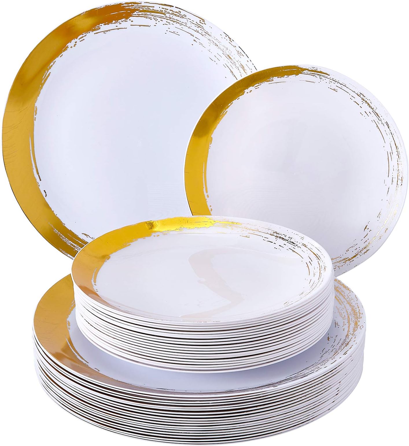 BRUSHED DISPOSABLE DINNERWARE SET | 120 Dinner Plates | 120 Side Plates | Heavy Duty Plastic | for Upscale Wedding and Dining (Gold)
