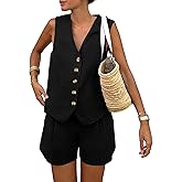 PRETTYGARDEN Women's Summer 2 Piece Outfits Sleeveless Matching Sets Button Down V Neck Vest Waistcoat and Pockets Shorts