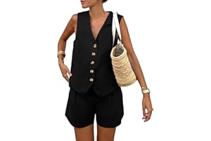 PRETTYGARDEN Women's Summer 2 Piece Outfits Sleeveless Matching Sets Button Down V Neck Vest Waistcoat and Pockets Shorts