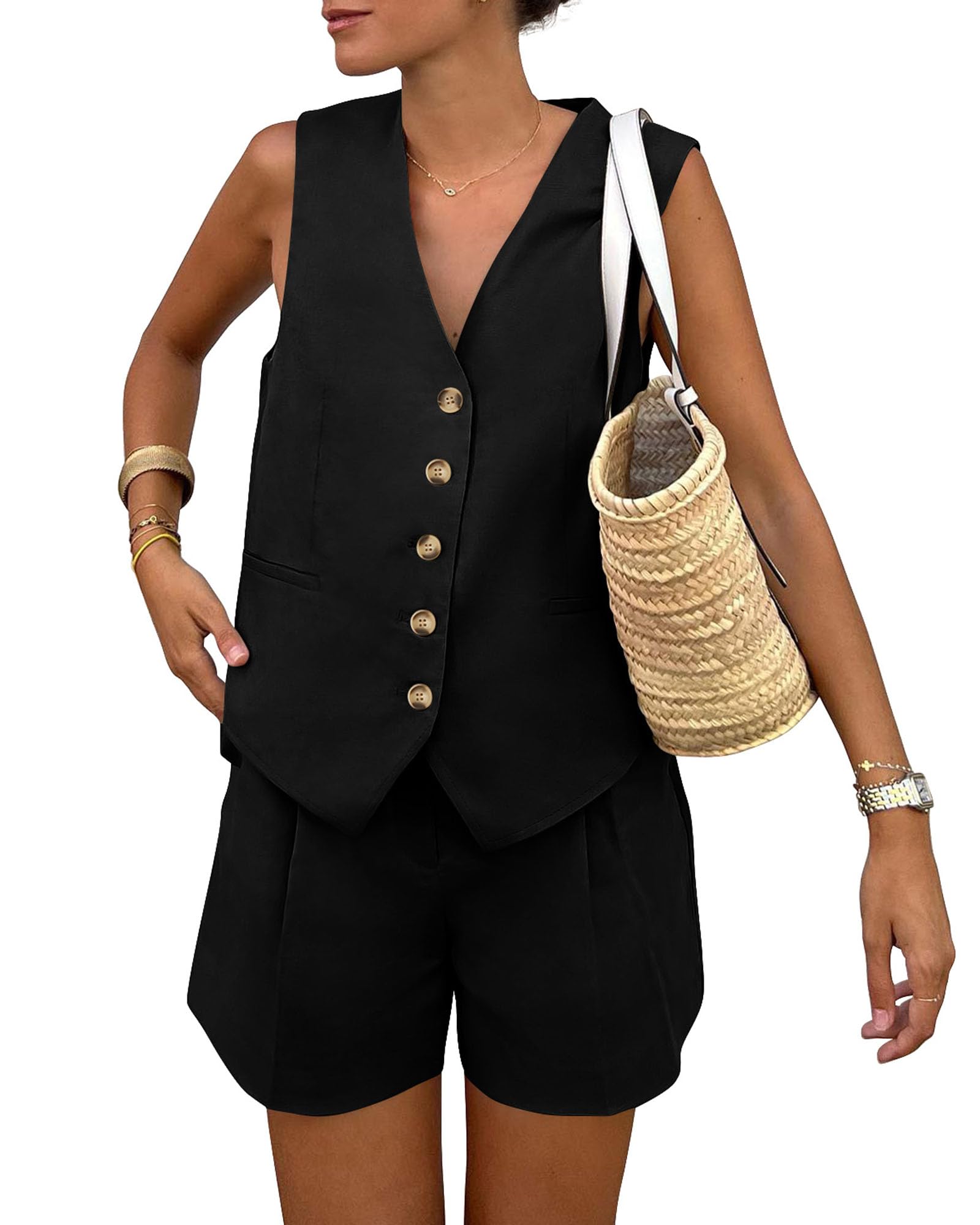 Photo 1 of PRETTYGARDEN Women's 2 Piece Summer Matching Sets Button Front V Neck Vest Waistcoat Sleeveless Tops and Shorts with Pockets (Black,Small)