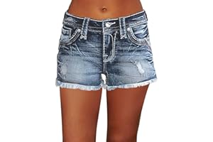 Flamingals Ripped Stretchy Jean Shorts for Women Raw Hem Mid Waist Casual Trendy Denim Shorts