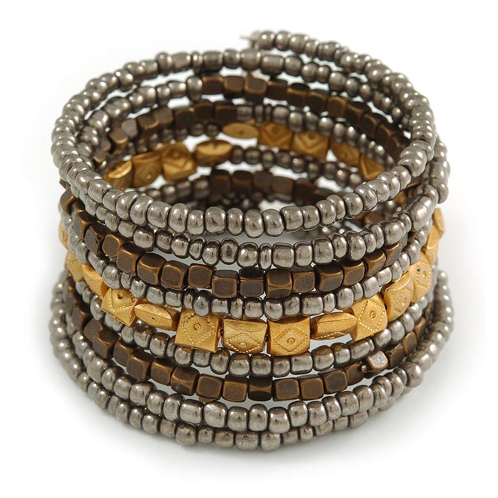 Avalaya Wide Glass, Acrylic Bead Flex Coiled Bracelet - 18cm L - Adjustable (Grey, Gold, Bronze)