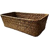 The Basket Lady Long Narrow Wicker Basket With Pole Handle - Medium Sandstone, 19x7x5.5 Inches