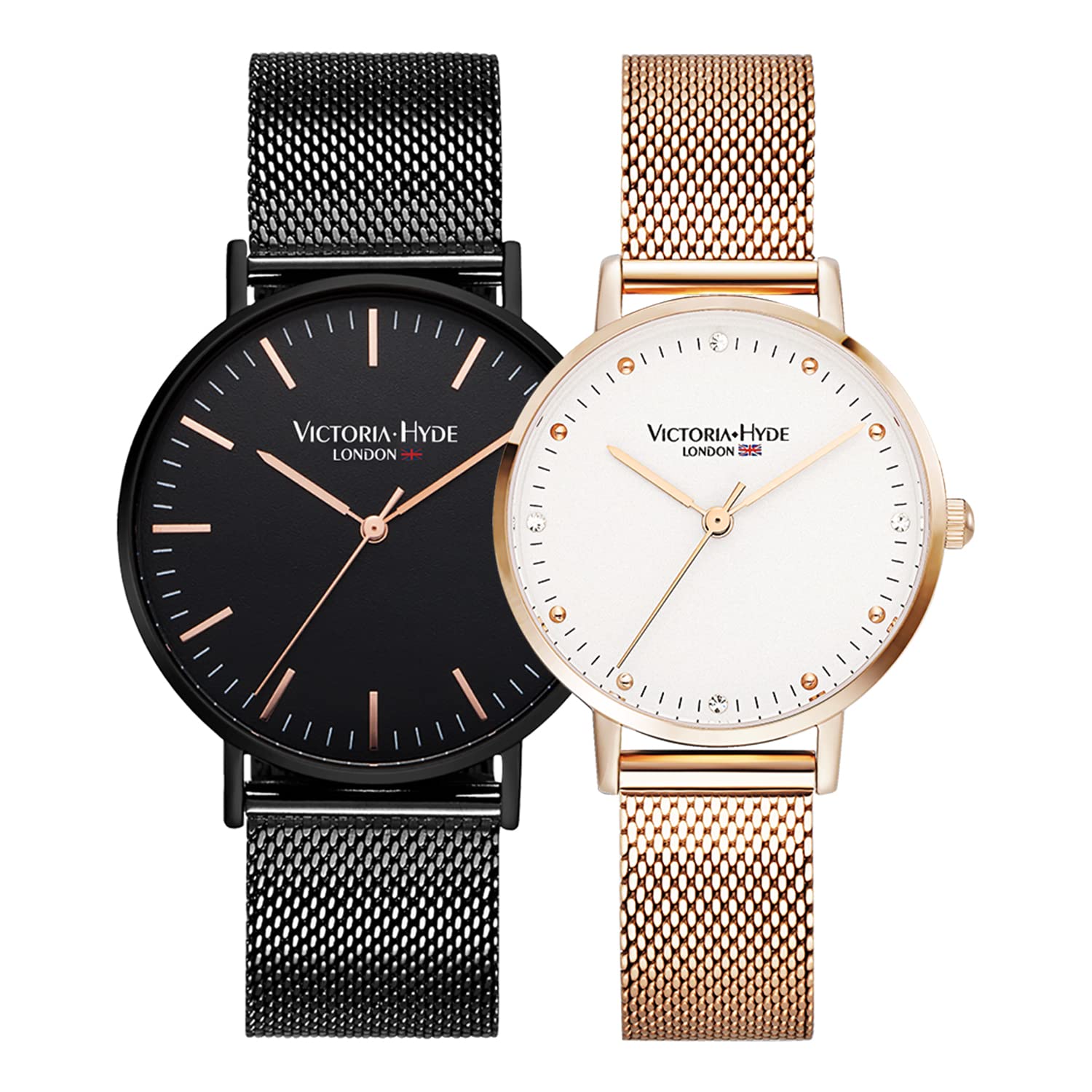 VICTORIA HYDE Analogue Quartz Couple Watches for Men and Women Stainless Steel Mesh Band Genuine Leather Watch Strap, Black-rose gold.
