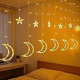 Dazzle Bright Ramadan Curtain String Lights, 138 LED 8.2 FT Warm White Star Moon Window Lights with Timer and 8 Lighting Modes, Waterproof Ramadan Decorations for Bedroom Wall Wedding Outdoor Party