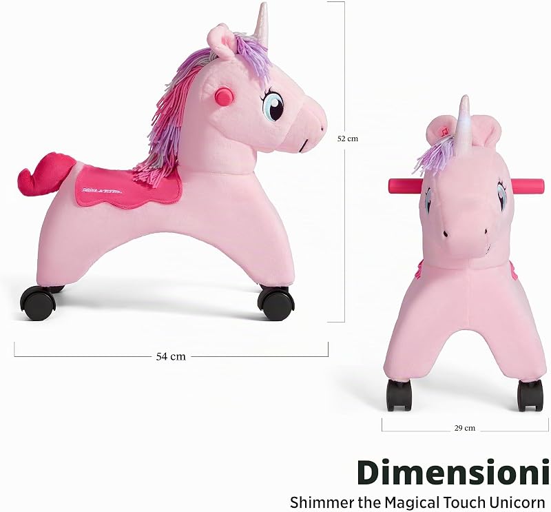 Shimmer l'Unicorno Magico con luci e suoni interattivi, giocattolo cavalcabile rosa, per bambini da 1 a 3 anni