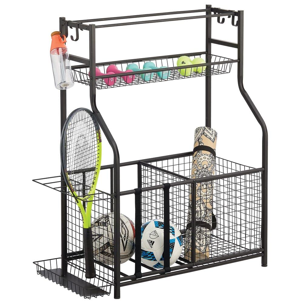 mDesign Sports Equipment Storage Rack — Garage Storage Unit for Rackets, Bats, Balls, Hats and Other Sports Gear — Sports Storage Rack with Shelves, Hooks and Baskets — Black