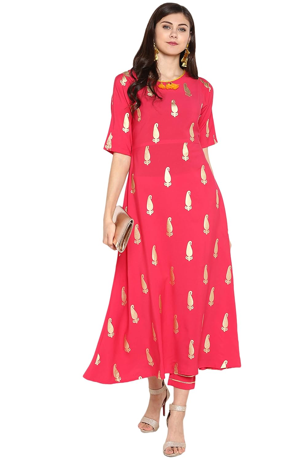 janasya women's crepe foil print a-line kurta with narrow pant