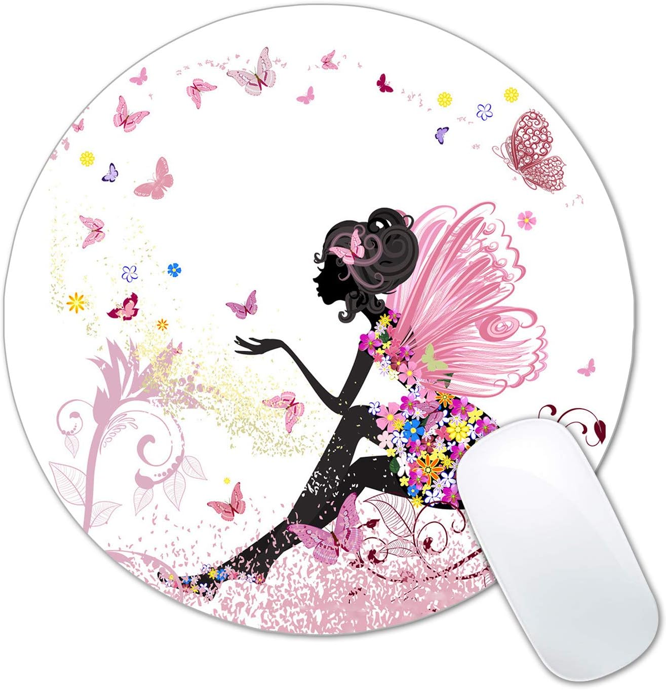 LINARTS Butterflies Fairy Mouse Pad, Cartoon Beautiful Girl Pattern Design Round Non-Slip Rubber Mouse Pads Office Desk Accessories for Computers Laptop