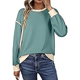 SHEWIN Womens Sweatshirt Casual Long Sleeve Lightweight Crewneck Sweatshirts Loose Solid Contrast Trim Pullover Tops