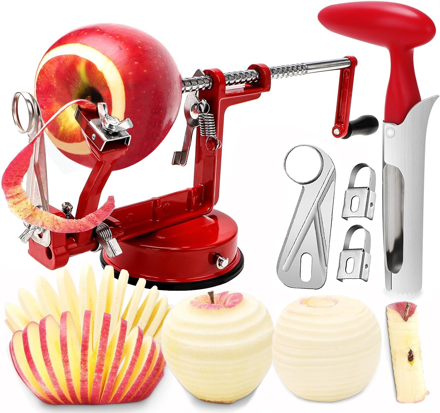 Photo 1 of Apple Peeler Corer, 5 In 1 Apple Peeler Slicer Corer with Stainless Steel Blades and Powerful Suction Base for Apples and Potatoes(Ruby)