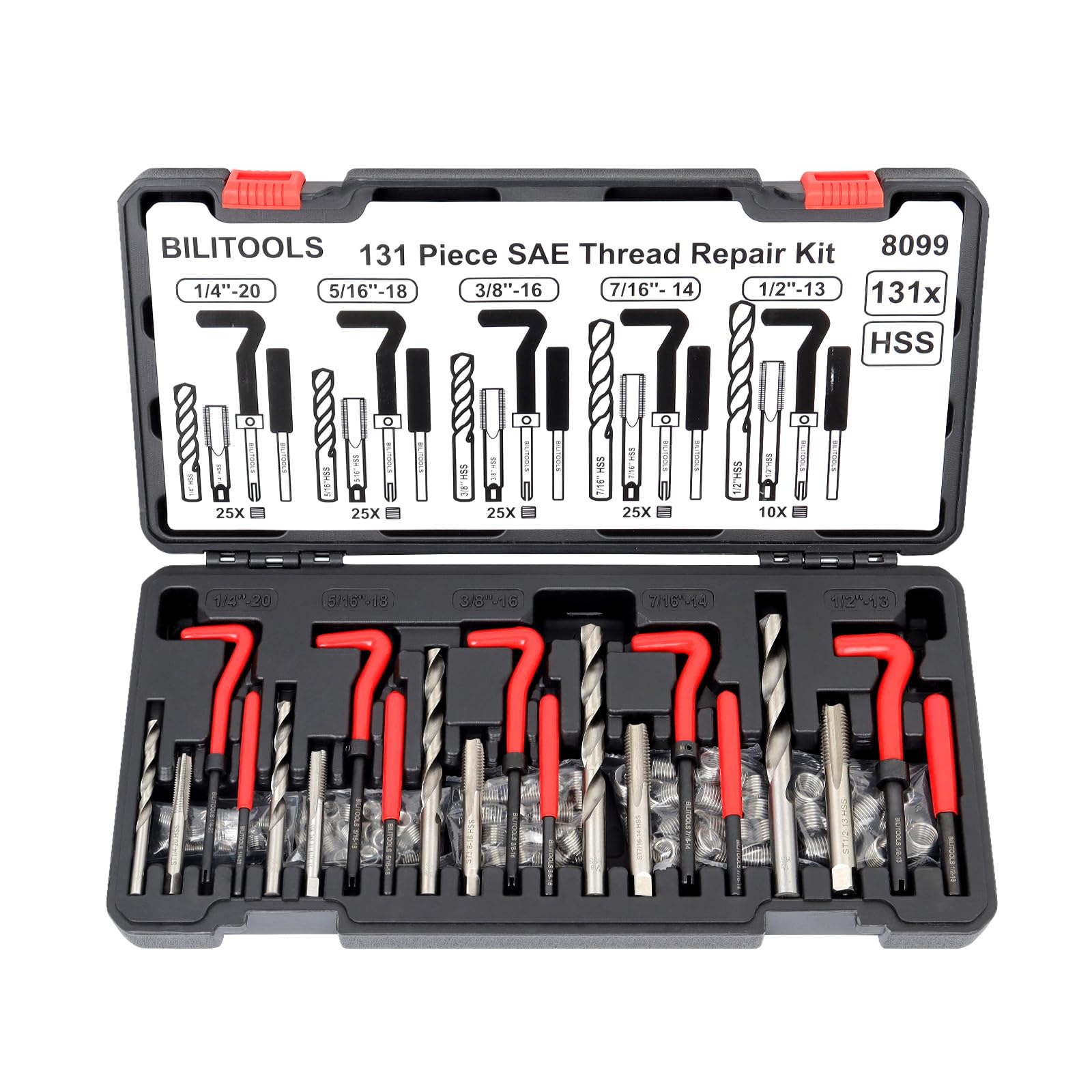 Photo 1 of BILITOOLS Helicoil Thread Repair Kit SAE, 131-Piece HSS Drill Heli Coil Repair Kits 1/4" 5/16" 3/8" 7/16" 1/2"