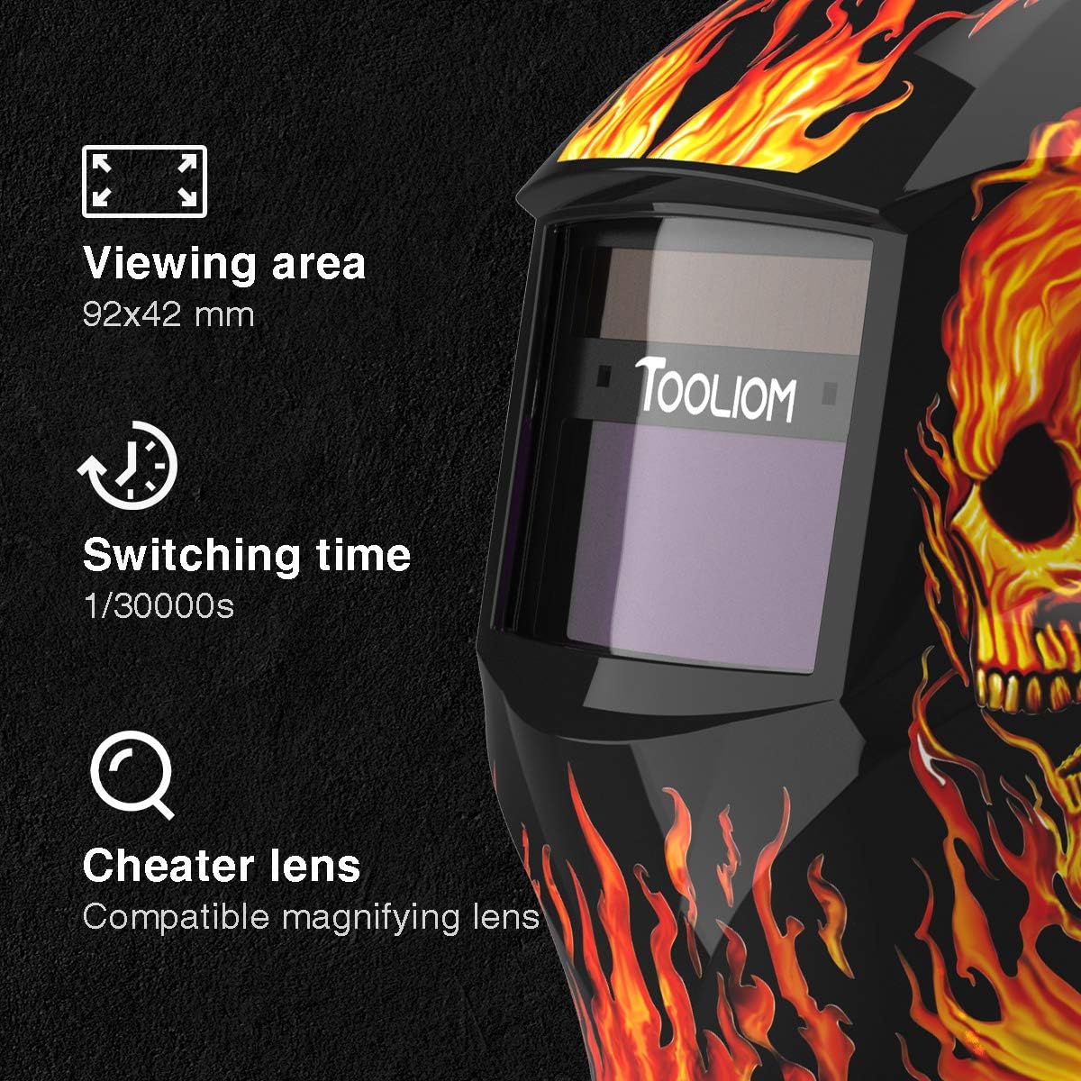 TOOLIOM True Color Welding Helmet Auto Darkening Welding Mask with Shade Range 9-13 Solar Powered Weld Hood Flaming Skull Style for TIG MIG ARC - - 