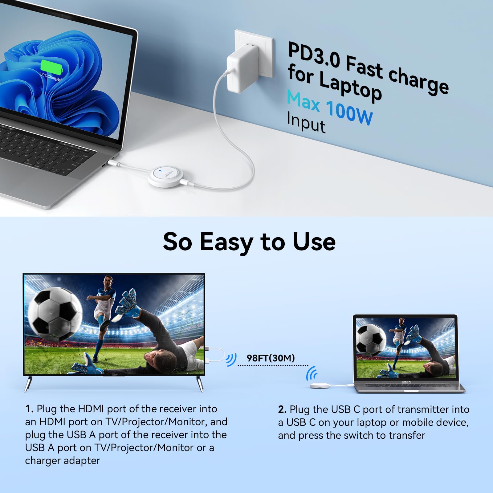 Wireless USB C Transmitter and HDMI Receiver, 2.4G/5G Wireless USB-C to HDMI Extender 98FT/30M,1080P Wireless Display Adapter Stream Video/Audio to TV/Monitor/Projector from Laptop,iPad,Phone,Mac mini