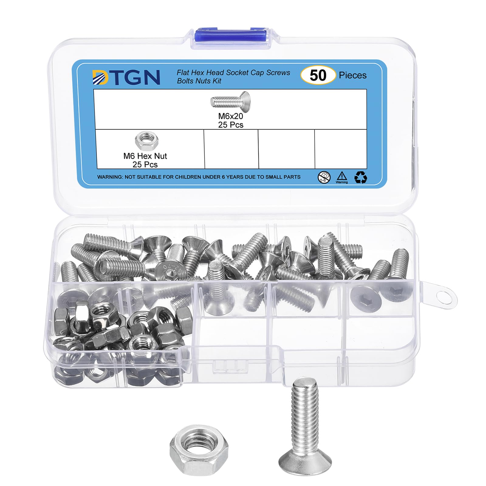 DTGN 50Pcs M6-1.0 x 20mm Flat Head Hex Socket Cap Screws Bolts Nuts Kit, 304 Stainless Steel Round Flat Metric Machine Screws, Full Thread