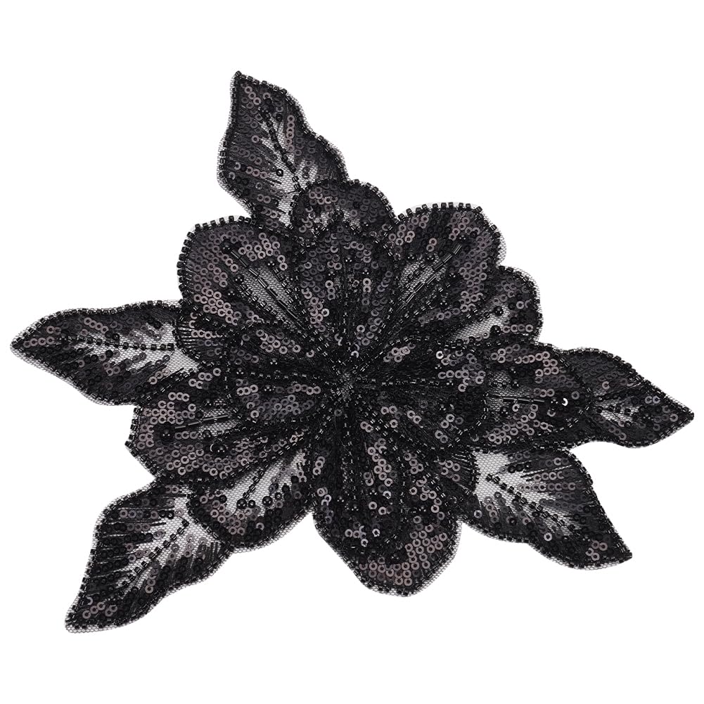 MAYJOYDIY 3D Black Flower Lace Appliques Sequin Glass Seed Beaded Gauze Embellishments Accessories Handcrafted Sparkling Lace Flower Patches for Wedding Dress Bag DIY Sewing Craft Supplies