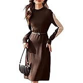 LAI MENG FIVE CATS Women's Long Sleeve Crew Neck A Line Casual Basic Sweater Knit Color Block Dress