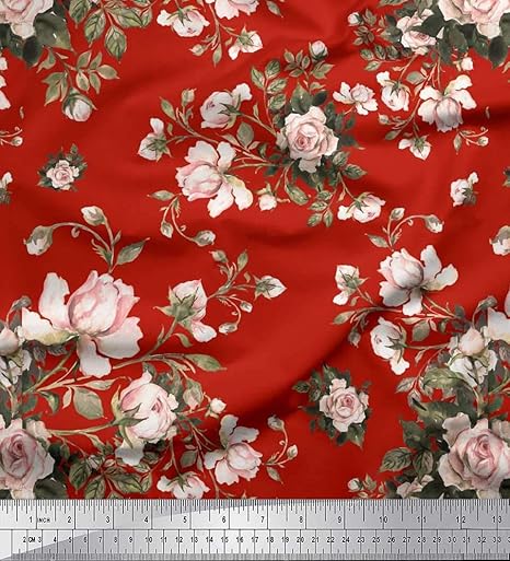 Amazon Com Soimoi Red Cotton Voile Fabric Leaves Rose Floral Print Fabric By The Yard 42 Inch Wide
