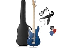 Davison Guitars Left Handed 4-String Electric Bass Guitar, Blue - Full Size Beginner Kit with Gig Bag and Accessories