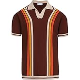 OXKNIT Mens Retor Polo Striped Brown V-Neck Knitted Shirt 1960s Mod Style Vintage Collared T Shirt
