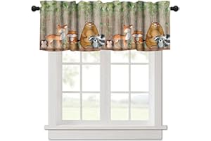 YCNESS Cartoon Window Valance, Kids Woodland Animal Print Bears Deer Trees Leaves Forest Kitchen Valance for Living Room Nursery Bedroom Nursery Decor with Rod Pocket 54x24 Inch, 3 Piece