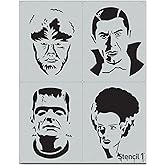 Stencil1 Monsters Stencils 4 Pack Halloween Monster Painting Craft Set | DIY Designs for Costumes Pumpkin Carving Spooky Decor on Walls Fabric Furniture Arts Werewolf Dracula Frankenstien Bride