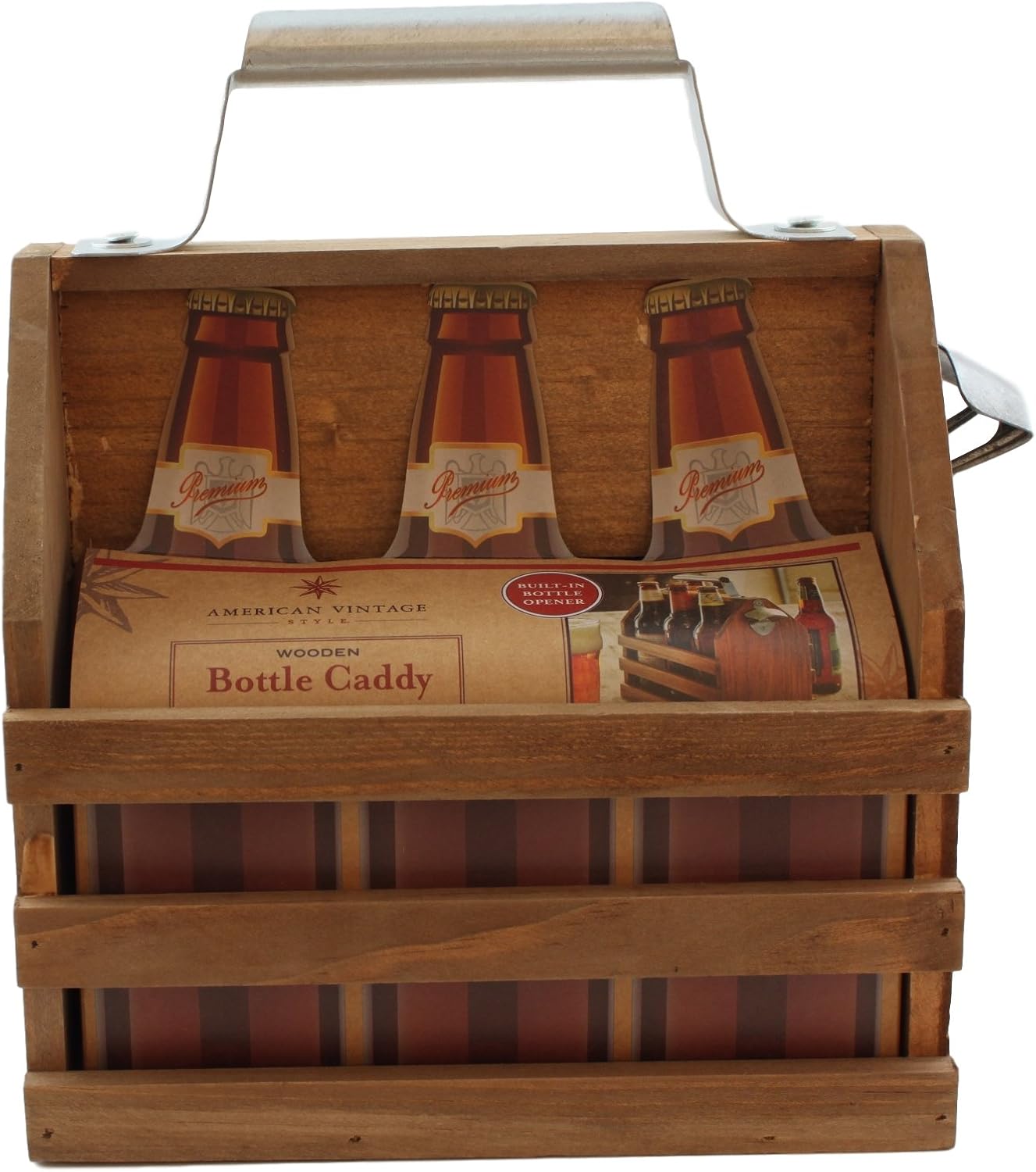 American Vintage Style Wooden Bottle Caddy with BuiltIn