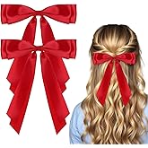 cobee 2 Pcs Red Hair Bow, Bow for Hair Satin Bows Hair Ties, Large Double Satin Ribbon Hair Clips Red Accessories for Holiday Party Women Girls Ponytail Holder