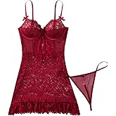 Foxiny Sexy Mini Bows Ruffle Cutout Floral Lace Sheer Babydoll Lingerie Dress with Thong 2 Piece