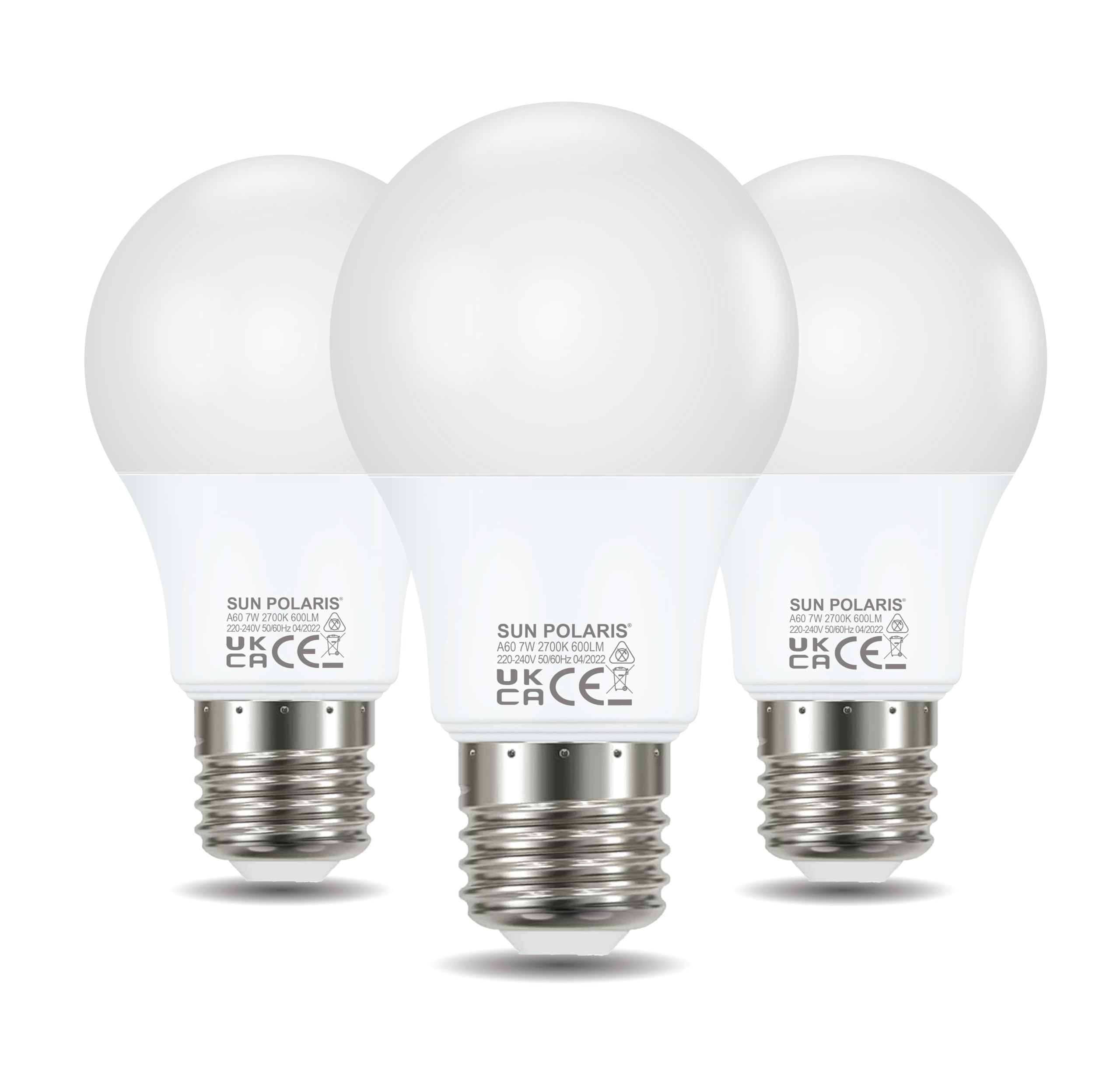 SUN POLARIS E27 Led Bulb Warm White - 2700K 7 watts 50w Edison Screw-in Lightbulbs, 600 Lumens Energy Saving Non Dimmable Standard GLS Lightbulb, ES27 Fitting Bright Light Bulbs for Home Pack of 3