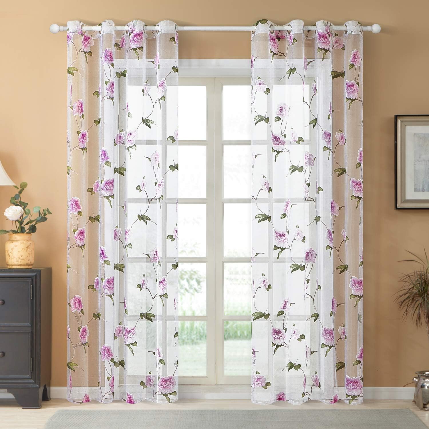 Amazon Com Top Finel Floral Sheer Curtains 90 Inches Long For Living Room Bedroom Grommet Voile Window Curtains 2 Panels Pink Flower Home Kitchen