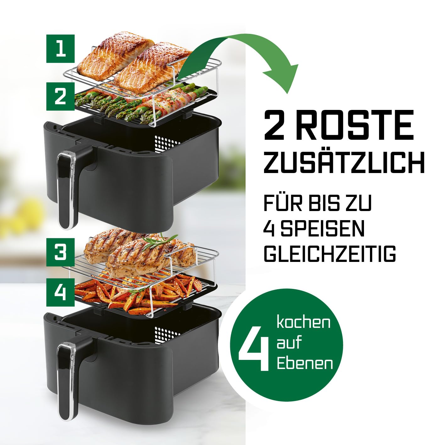 GOURMETmaxx FryUp Vertikale Doppelkammer Heißluftfritteuse | vertikaler Airfryer | klappbares Touchdisplay | 32% platzsparender | Fassungsvermögen 10L | Heißluftfritteuse 2 Kammern 3