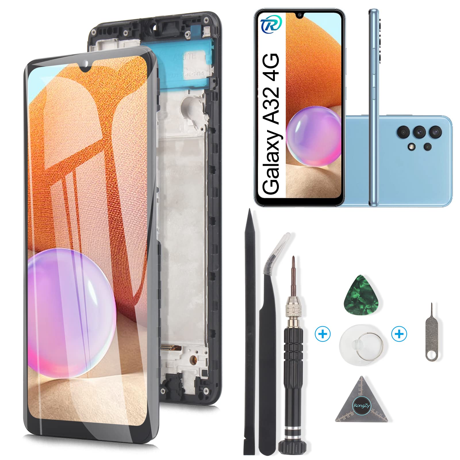 Rongzy Écran Tactile LCD Compatible Avec Samsung Galaxy A32 4G A325F A325M A325N De Remplacement Touche Écran Avec D'Outils Complet De Réparation(Noir Avec Cadre)