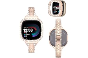 MOFREE Compatible for Fitbit Versa 4 Bands/Fitbit Sense 2 Bands Women with Hard Bling Bumper Protective Case Cover, Dressy Jewelry Diamond Rhinestone Metal Wristband for Fitbit Versa 4/Sense 2 (Rose