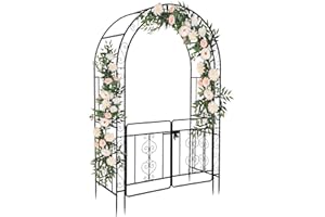 Outvita 7FT Garden Arch Arbor with Entry Door, Heavy Duty Metal Arbour Archway, Decorative Frame Stand Trellis with Ground Stakes for Wedding Ceremony Party Plant Climbing Rose Vines Patio Black
