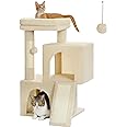 PAWZ Road Cat Tree, 30 Inches Cat Tower with Dual Condos for Indoor Cats, Plush Cat House with Padded Perch, Scratching Ramp and Posts and Replaceable Balls-Beige
