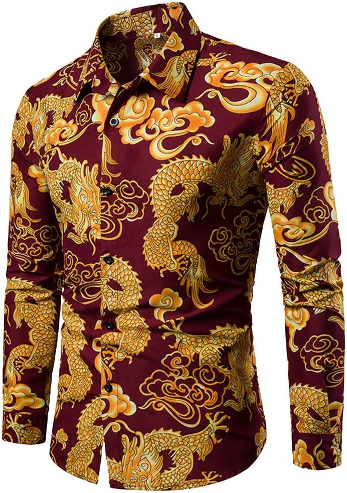 Top Shirt Long Sleeve Leaves Dragon Pattern Print Fashion Casual Male Blouse
