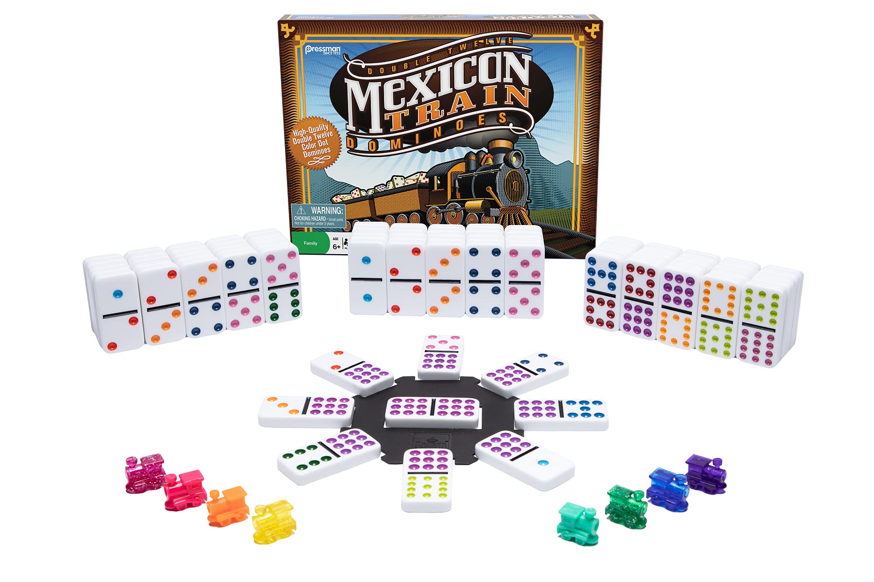 Mexican Train Dominoes - Beautiful Color Dot Double 12 Dominoes Set - Includes Train Markers and Hub by Pressman Multi Color, 5