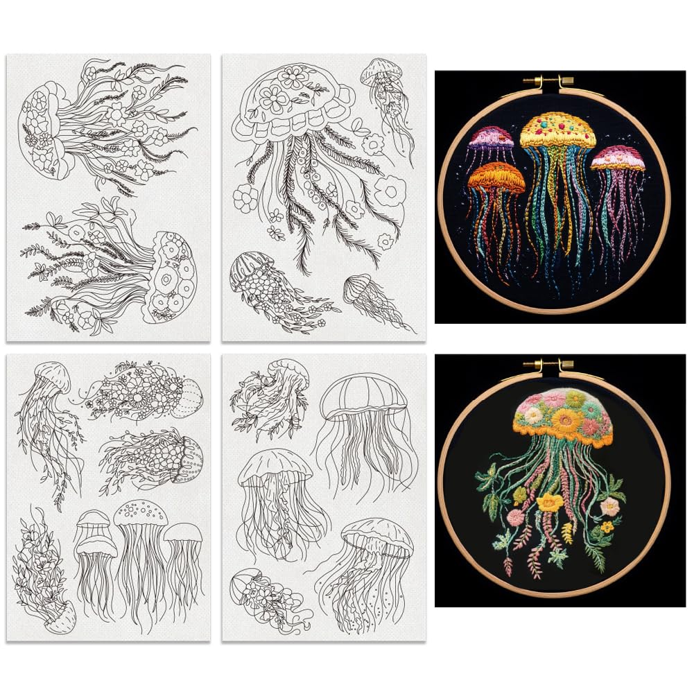 BENECREAT 4 Sheets 18 Pcs Jellyfish Water Soluble Embroidery Pattern, Stick and Stitch Embroidery Paper Wash Away Designs, Embroidery Starter for Beginners DIY Craft, Sewing Embroidery