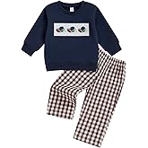 Arvbitana Toddler Baby Boy Football Smocked Outfit Long Sleeve Embroidery Crewneck Sweatshirt Gingham Pants Two Piece Clothes