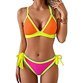 Aidonger Bikini Sets for Women Floral Two Piece Bathing Suit V Neck Shell Stitched Swimsuit Tie Side Triangle Swimwear