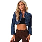 Allegra K Denim Jacket for Women's 2025 Casual Collared Long Sleeve Crop Jean Jackets