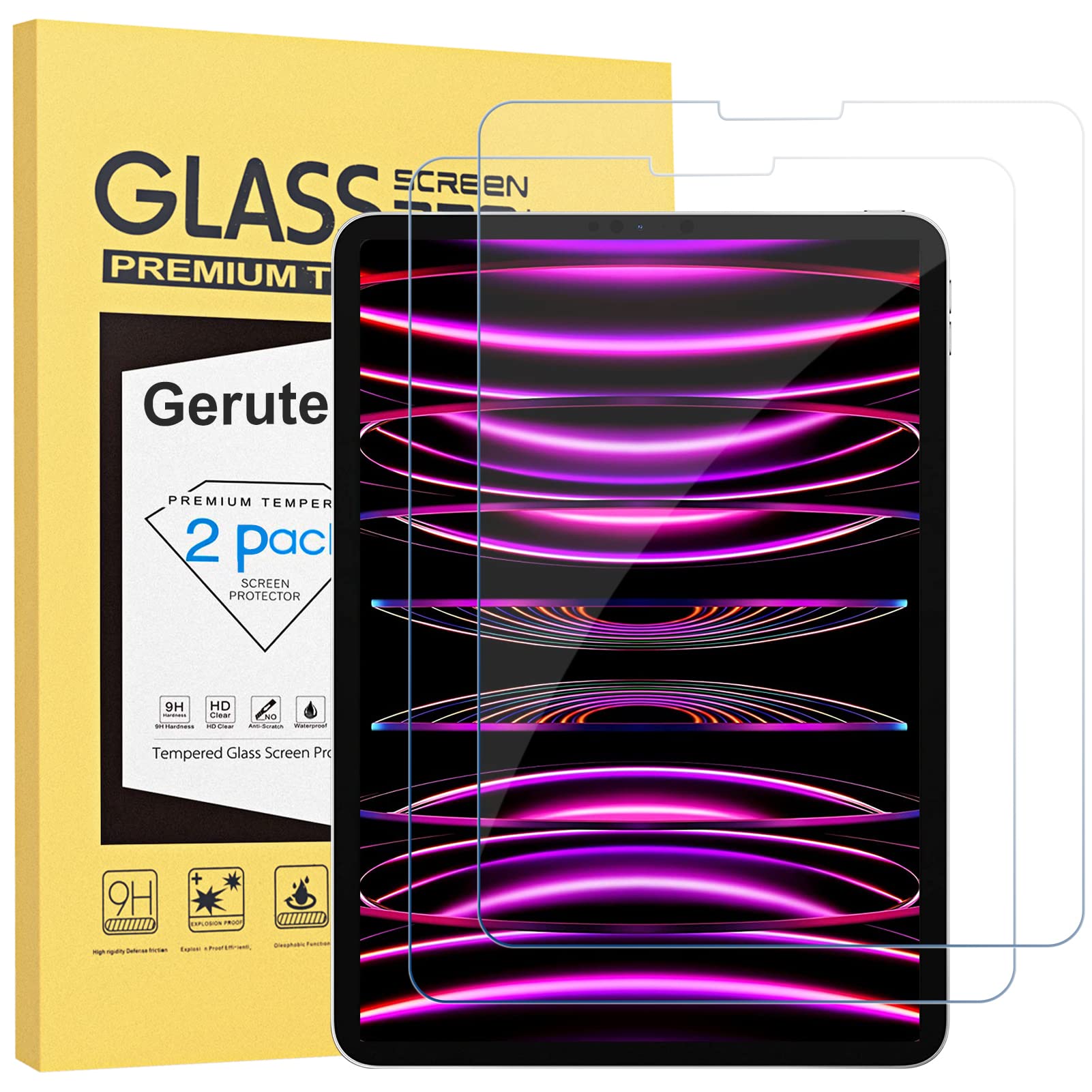 Gerutek 2-Pack Screen Protector for iPad Pro 12.9 inch (2022/2021/2020/2018),Tempered Glass iPad Pro 6th/5th/4th/3rd Generation12.9 inch [Ultra Clear] [Anti Scratch] Face ID/Apple Pencil Compatible
