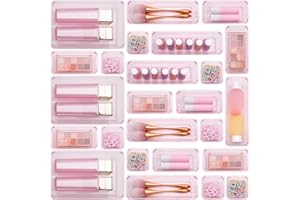 BUANSON 25 PCS Plastic Drawer Organizers Set, 4-Size Versatile Bathroom and Vanity Drawer Organizer Trays, Storage Bins for Makeup, Bedroom, Kitchen Gadgets & OfficePlastic Drawer Organizers (Pink)