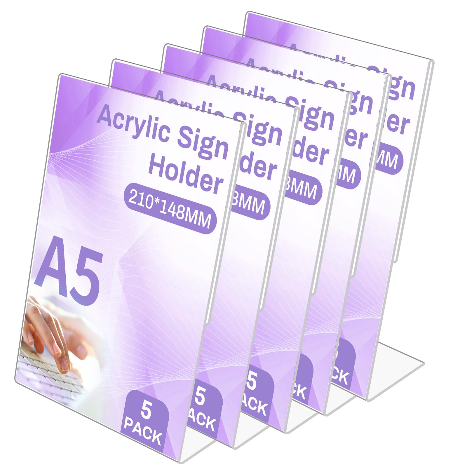 Sagreeny A5 Acrylic Sign Holder,5 Pack L-Shape Display Stands, A5 Acrylic Poster Menu Holder, Clear Plastic Display Holders Stands for Table Restaurant Hotel Documents Office (A5-L 5Pack)